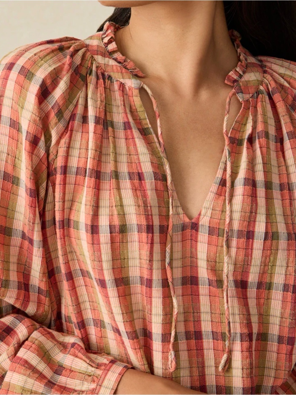Faherty Analiese Top Relaxed Plaid Peasant Top - Rust/Beige XL - Picture 2 of 9